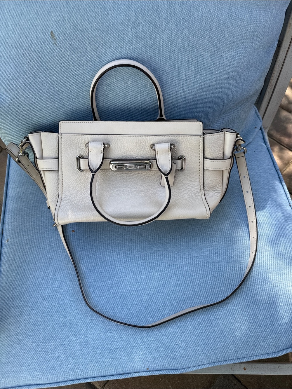 White Leather Satchel Handbag with Removable Strap